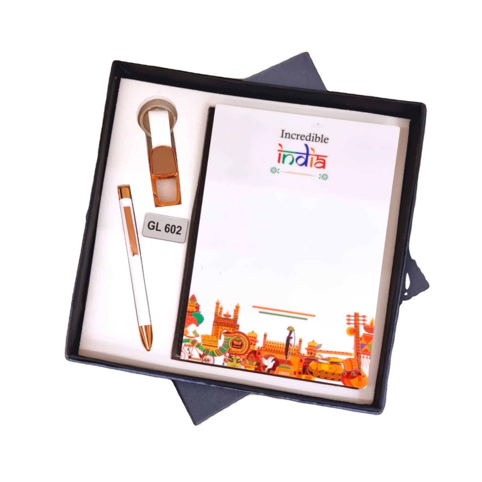 Customized Indian Culture Theme White Rose Gold Combo Set Simple Classy Look Logo Back School New Year Promotional Gift Sets