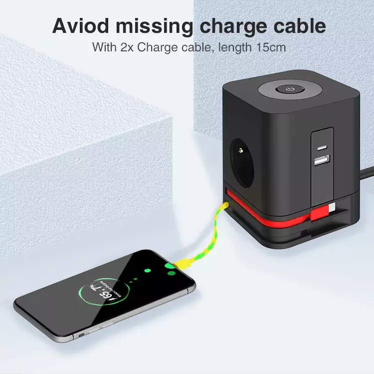 Compact and Portable French Multiple Socket Power Cube Socket for Home Office With USB and Charging Cable