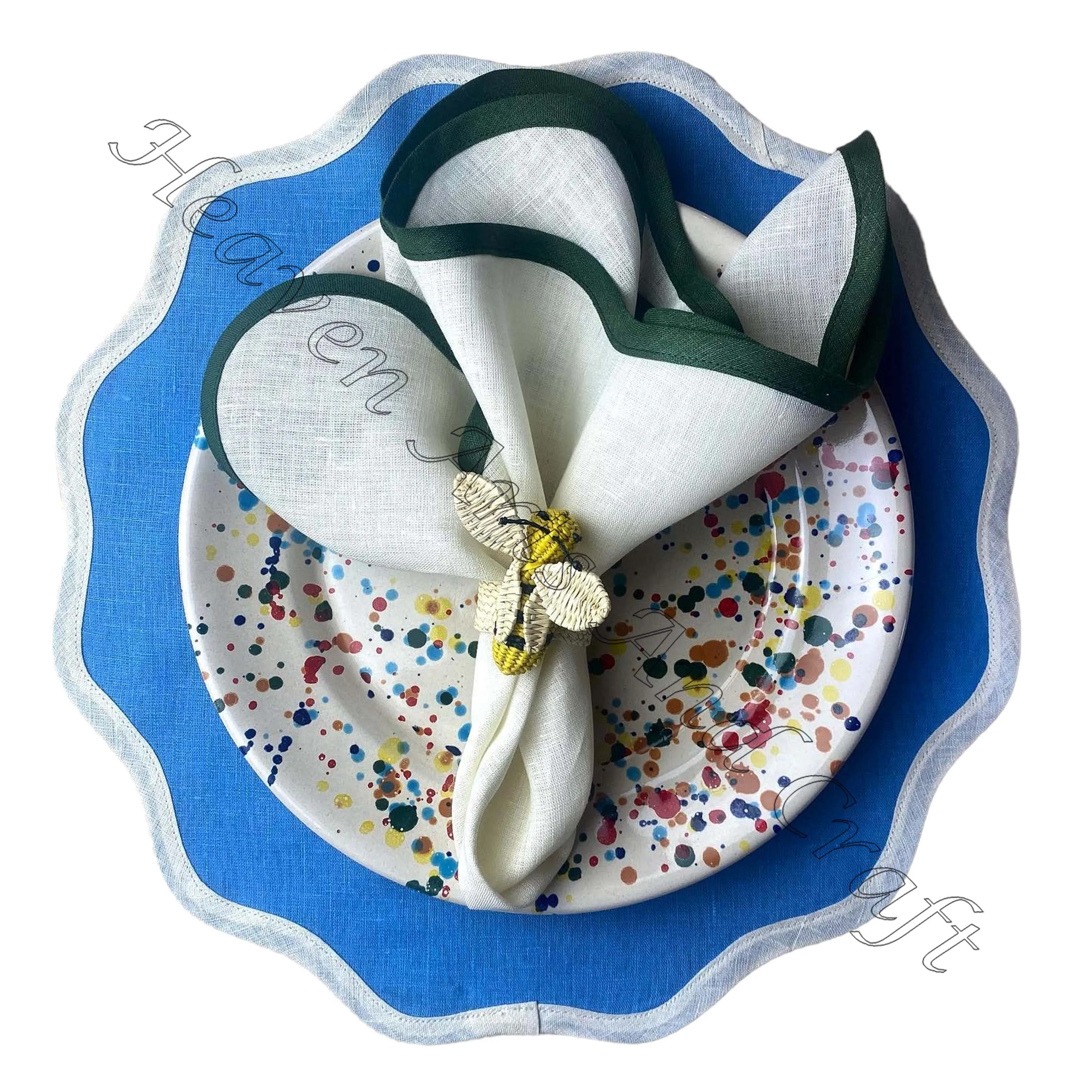 100% Linen Pure Cotton Indian Factory Dinner Hand Block Printed Scallop Napkin Dinnerware Sets  Hotel Restaurant Use Wholesale