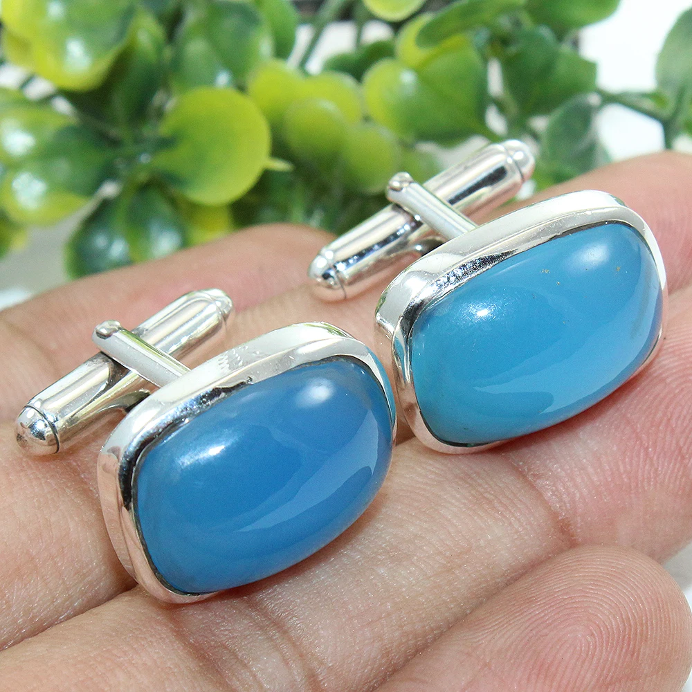 925 Sterling Silver Cufflinks Natural Blue Chalcedony Gemstone Business Shirts Accessory Men Women Wedding Engagement Jewelry