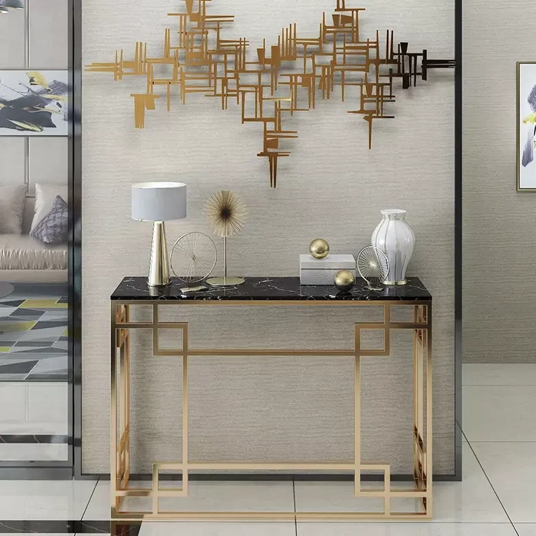 Luxury Design Iron Hallway Corner Console Table  Gold Finish Frame With  Marble Top Living Room Console Table Hot Sale Furniture