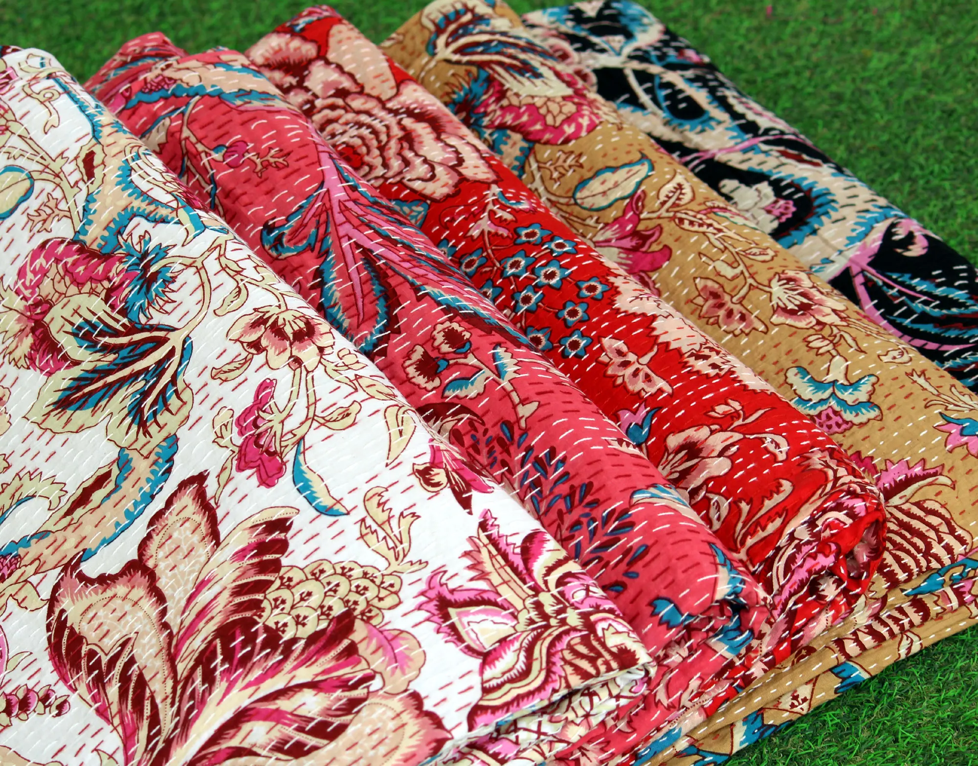 Kantha Quilt Indian Hand Printed Floral King Quilt Single Pure Cotton Bohemian Bed Cover