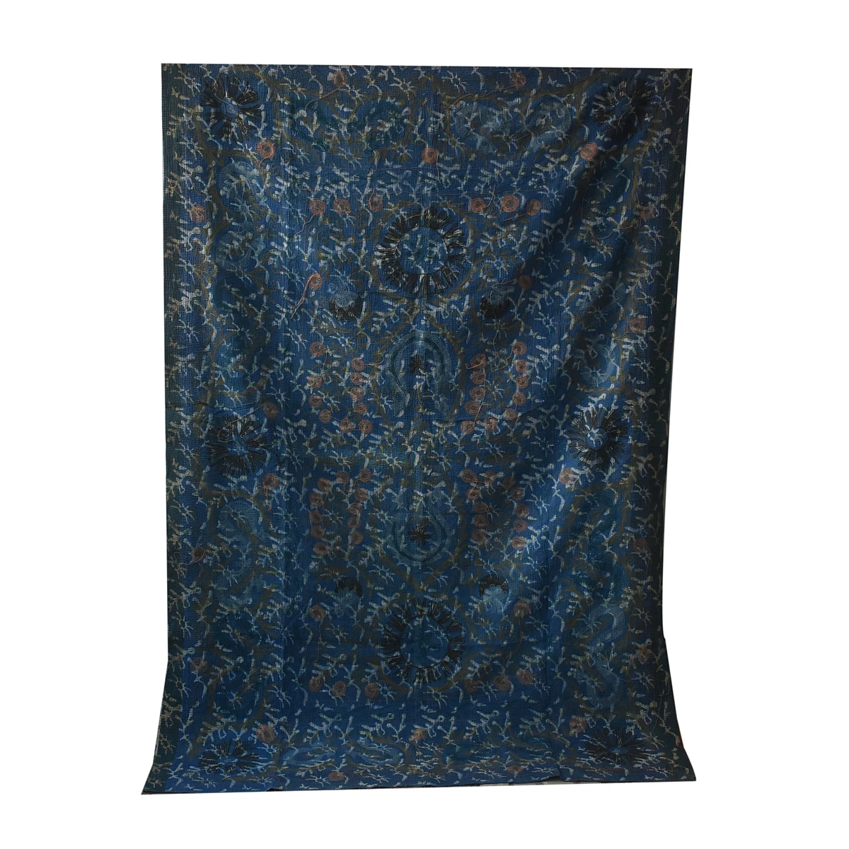 Best sale Indian twin size Indigo print Suzani embroidery reversible one of kind vintage sari kantha quilt, throw and blanket