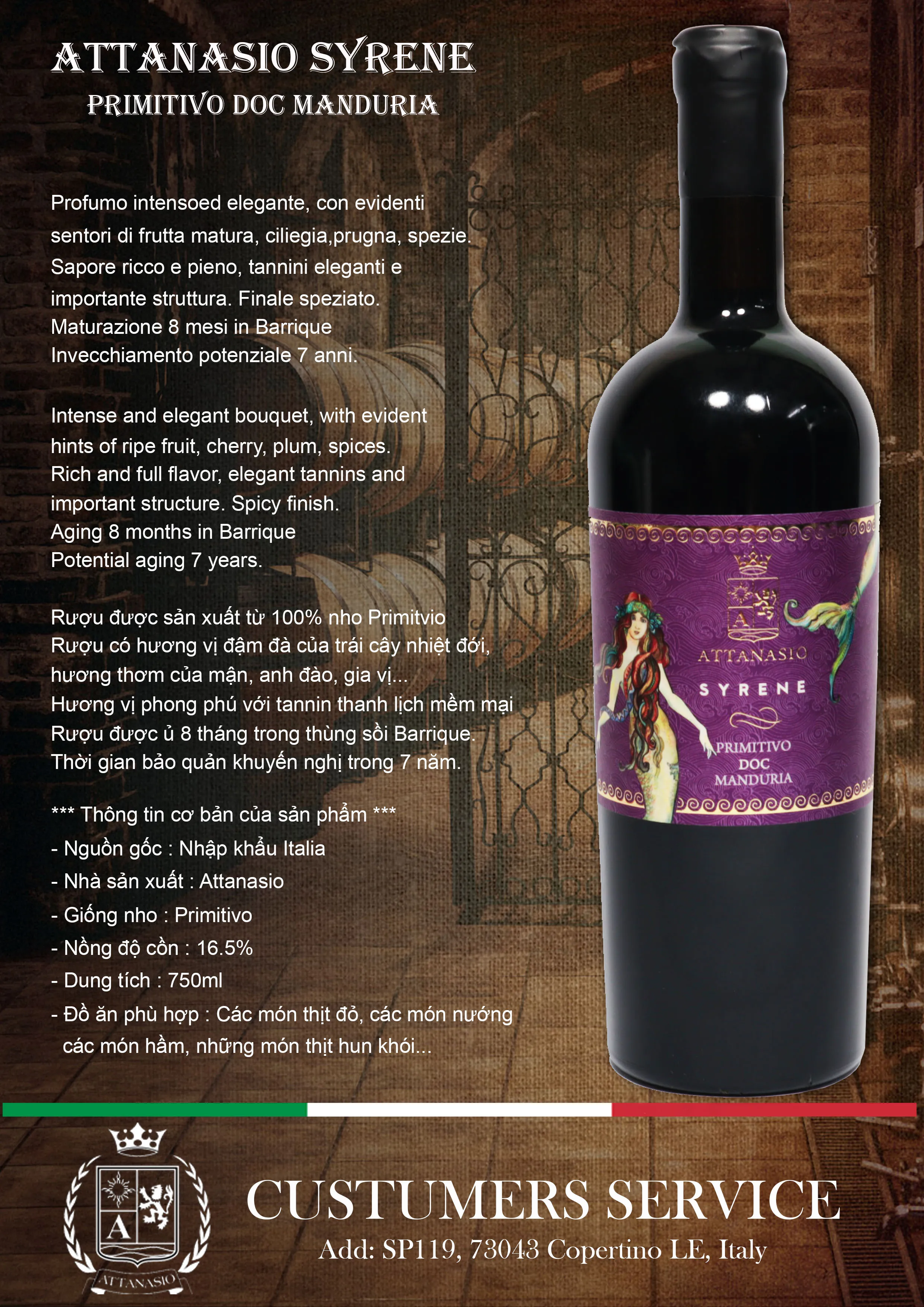 Packaging grape Primitivo type dry use table 750ml wine bottles Attansio Syrene Primitivo DOC Manduria from Italy
