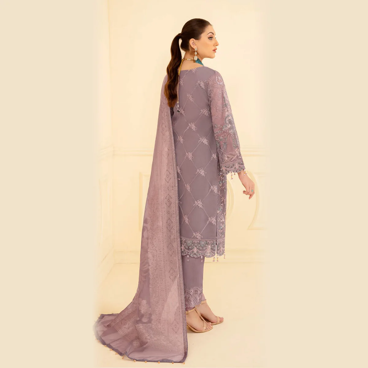 Wholesale Indian Pakistani wedding dresses online In Grey Color Over Heavy Embroidery In Front and Dupatta in Chiffon Fabric