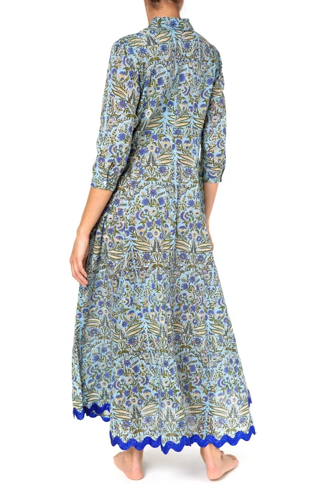 Strong Retro Vibe Fresh New Botanical Blooms Ladies Shirt Dress Beautiful Women Soft Vivid Cornflower Print Blue Elegant Dress