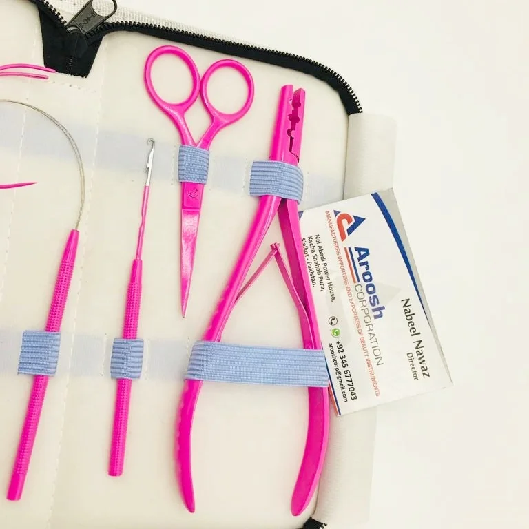 Hot Pink Stainless Steel Clip In Hair Extensions Tools Kit With Plier, Crochet Needle, Clips And Human Hair Extension