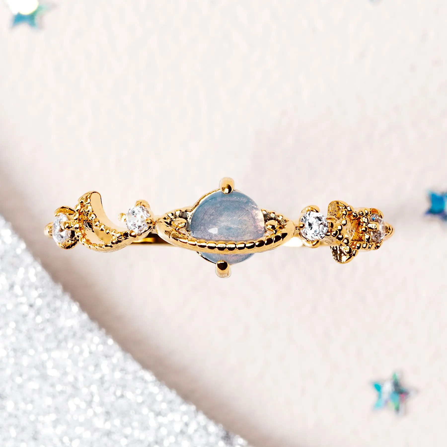 Korean designed finger jewelry 18k brass gold plated blue planet zircon ins fashion charm thin ring for woman