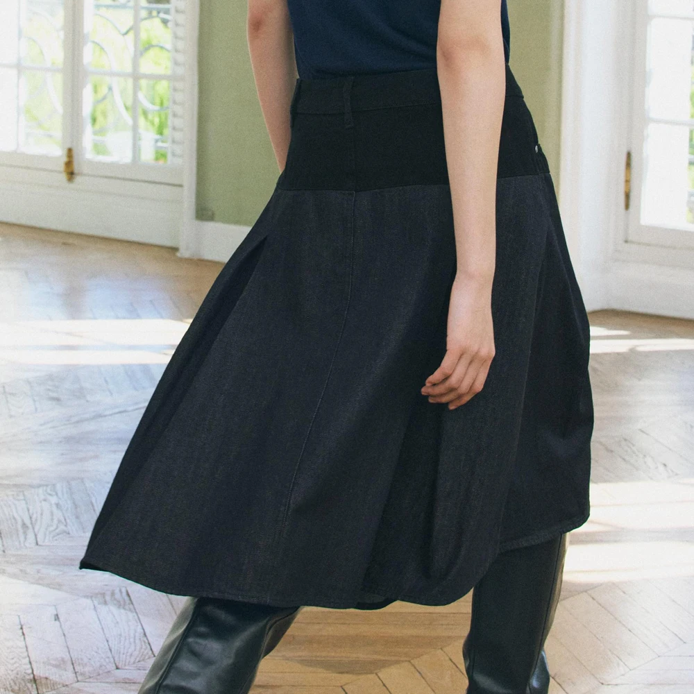 Wholesale Price Pleated Detail With Combination Fabric Women Denim Skirts / Factory Rate Mid Rise Midi Denim Skirts For Women