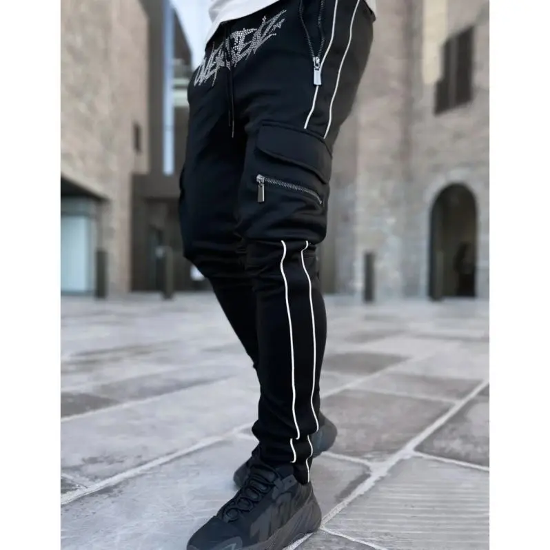 XINYI Custom Logo Men Track Sweat Reflective Rhinestone Cargo Joggers Pants With Pockets