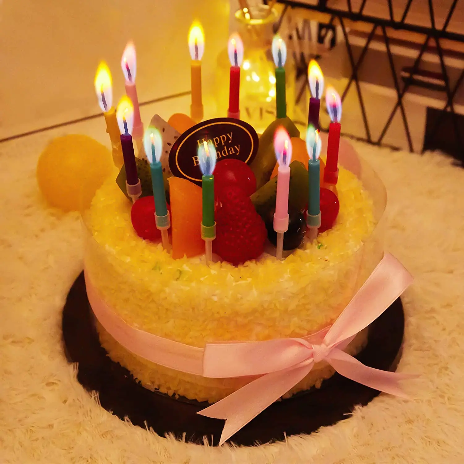 6 pack neon multi color flame Novelty Musical  happy birthday candles long pink color flame candle
