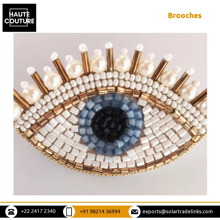 Best Handmade Jewelry Supplier of 7cm Wide Designer Eye Design Patch White Color Hand Embroidered Beaded Brooches for Sale