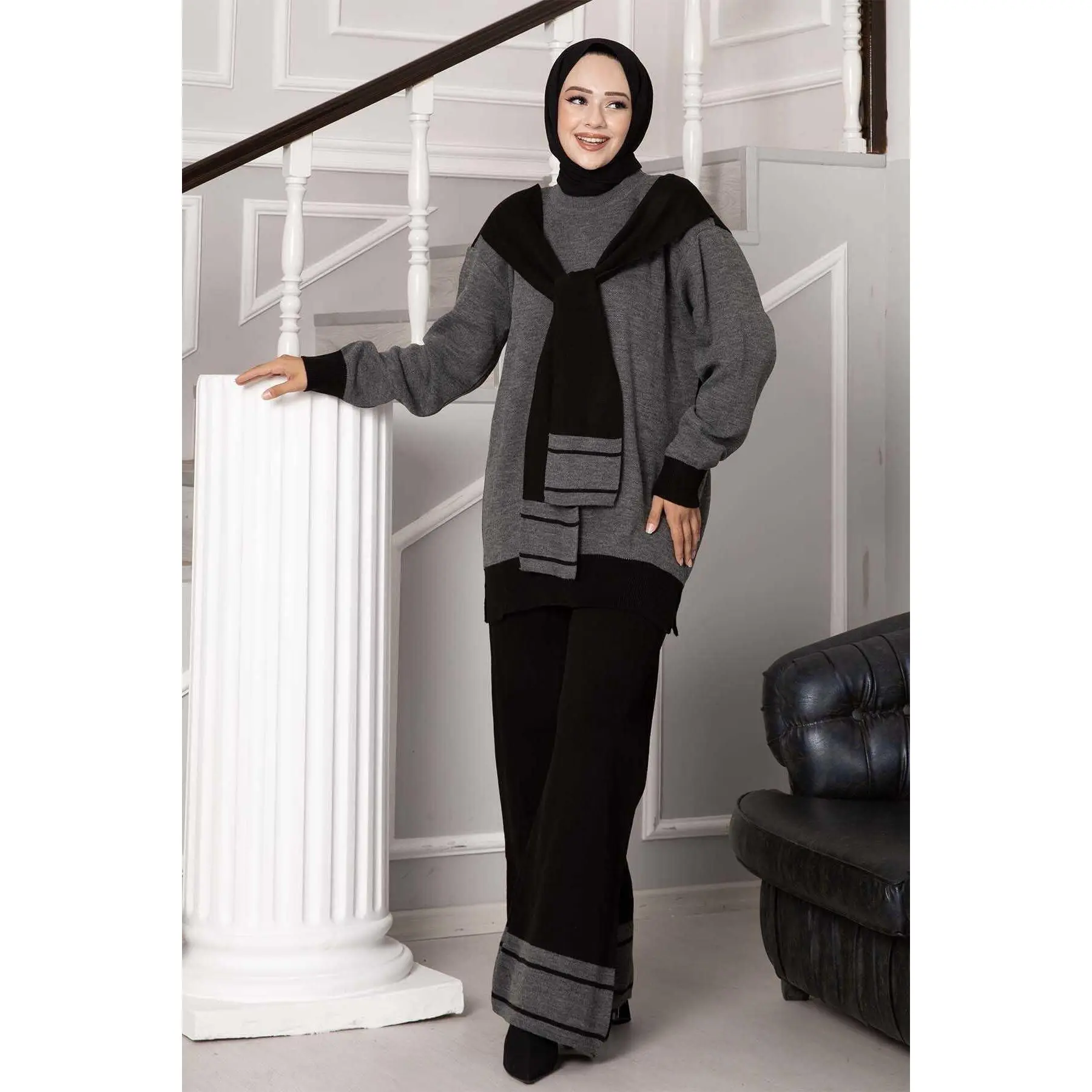 Scarfed Double Knitwear 2 Piece Set Anthracite