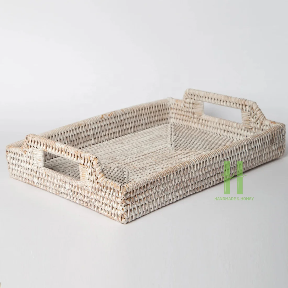 HNH Craft Customized Round Rattan Tray with Stand Natural Wicker Tray for Food Display Rattan Side Table for Living Room Bedroom