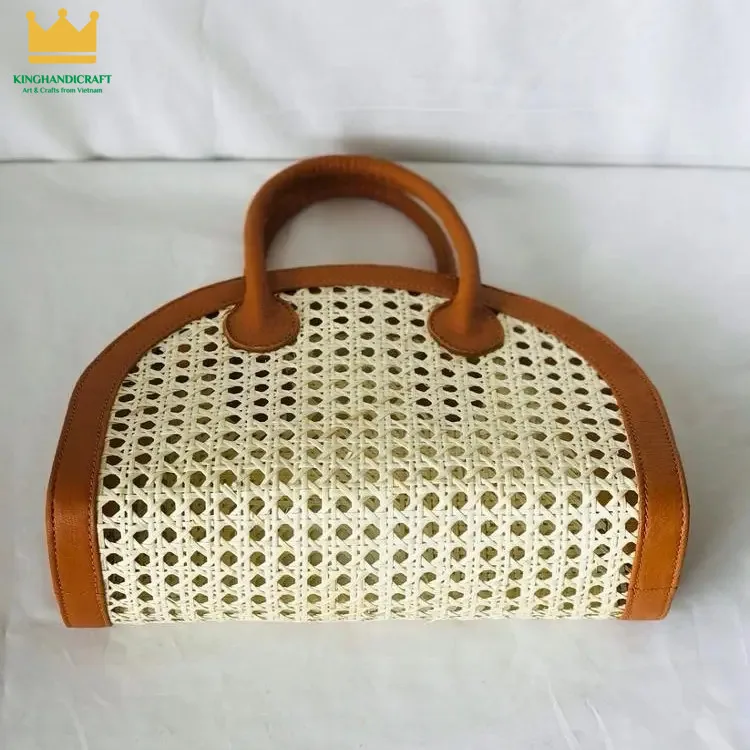 Light brown rattan bag/ rattan bag wholesale/ leather handle cane webbing bag hot sale