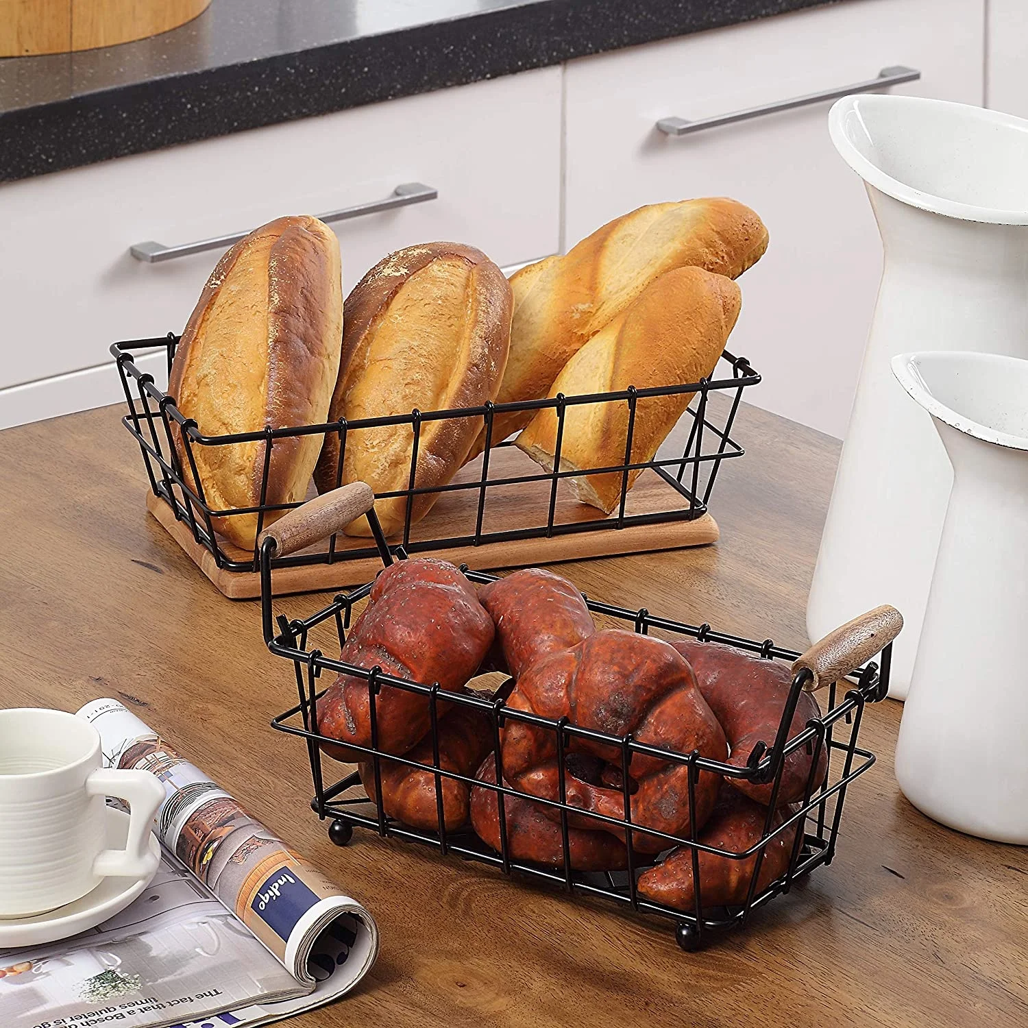 Premium Quality 2 Tired Decorative Metal With Wooden Base Decorative Basket For Kitchenand fully customizable.