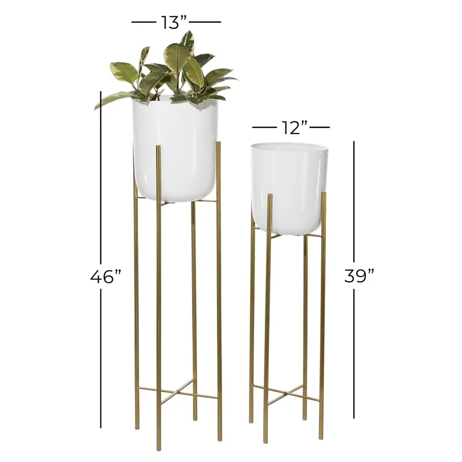 Modern Gold Metal Flower Pot with White Stand Long Planter For Floor Table Decor Classic Plant Holder Display Made In India