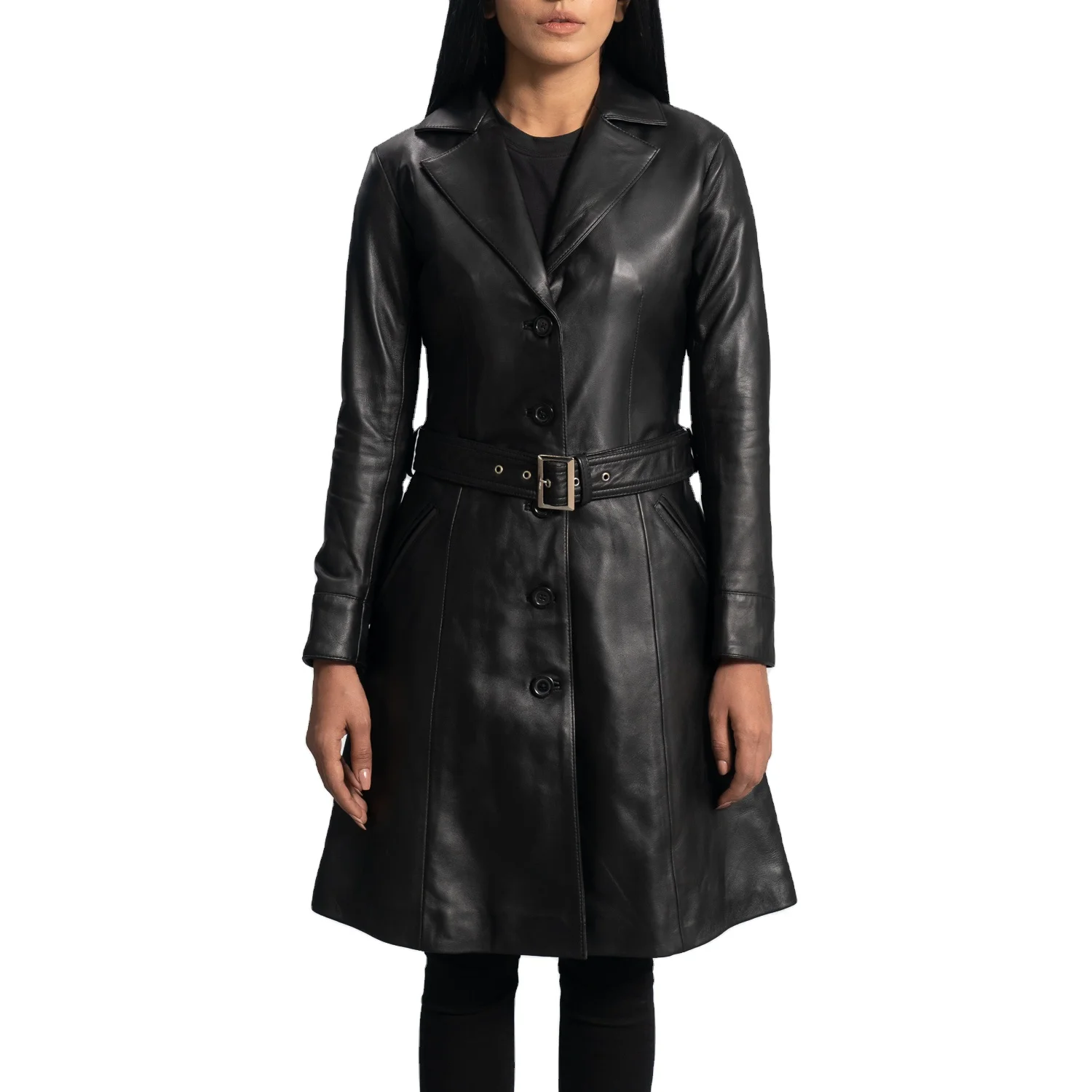 Fashion Design Autumn Winter Leather Trench Coat Real Sheepskin Long Leather Jackets Womens