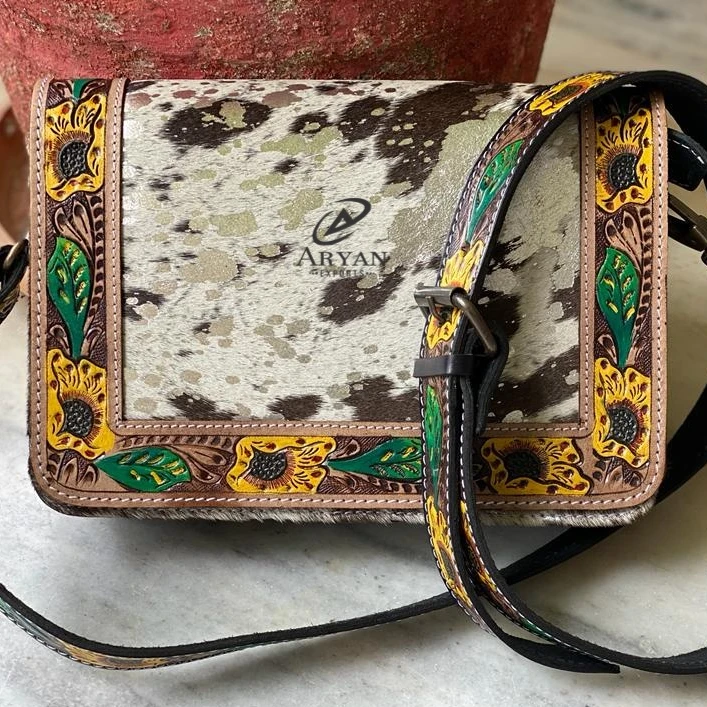 Real Handcrafted Tooled Metallic Fur Leather Handbag Western Women Hobo Crossbody Purse Custom Genuine Leather Shoulder Bag