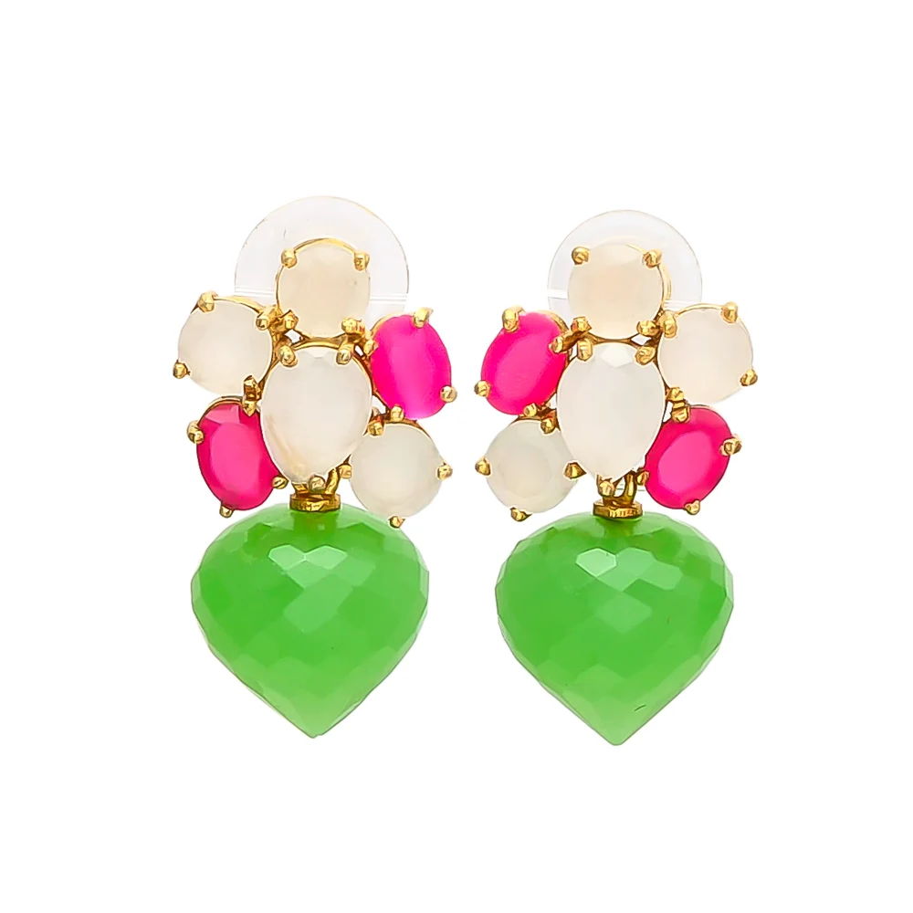Beautiful Brass Earrings Fuchsia Chalcedony & See Green Chalcedony & Milky Chalcedony Brass Dangle Earrings