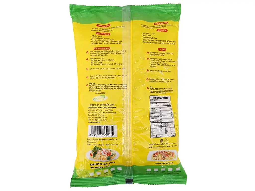 Best price YELLOW RICE PASTA- ELBOW High Quality Ingredients 400g single bag direct manufacturer Vinaly brand Viet Nam