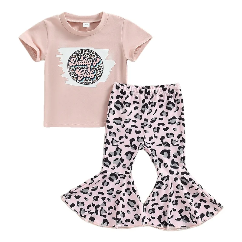 Girl Boutique Clothing Sets Letter T-Shirt Leopard Flare Pants Kid For Summer Outfits Wholesale Baby Suit