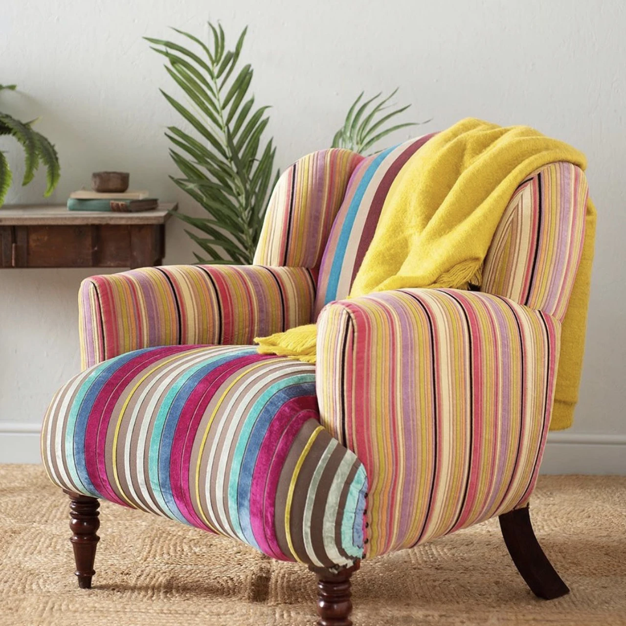 Indian Latest Decorative Multicolor Stripe Velvet Bohemian Handcrafted Upholstered Wooden Furniture Multi Stripe Velvet Armchair