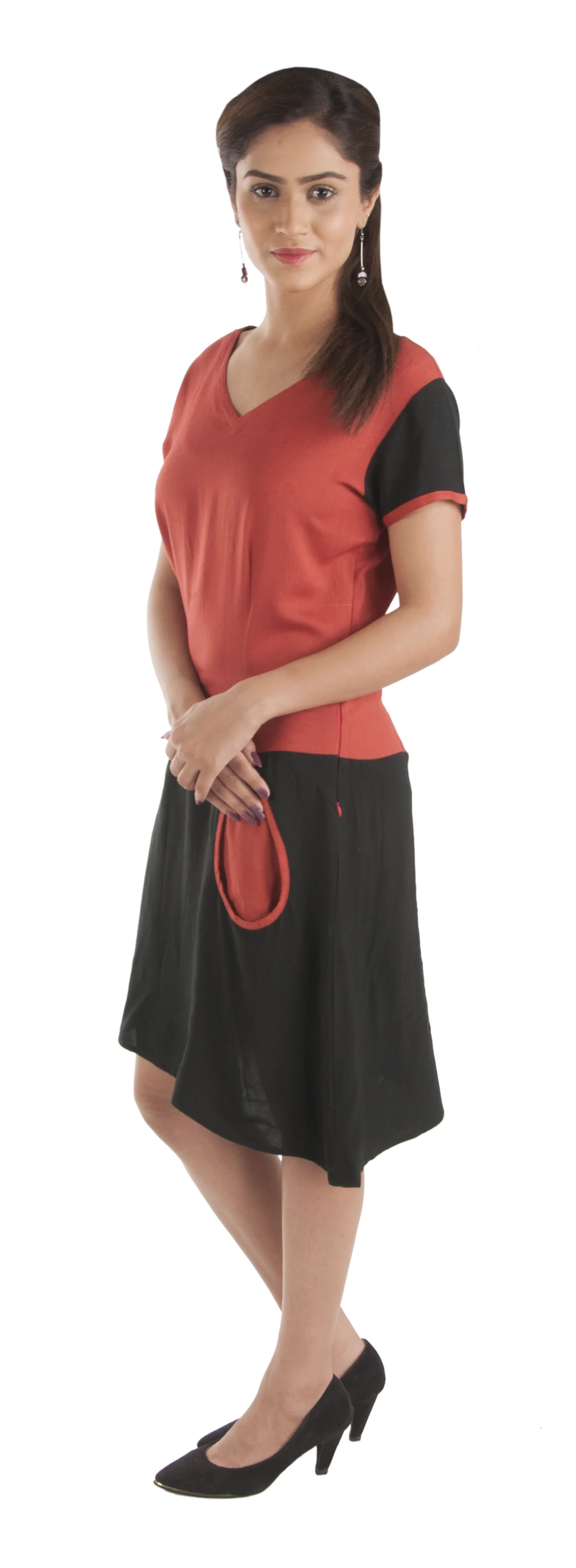 Stylish Fashionable Elegant Knee Length Dress with Half Sleeves and Asymmetric Bottom in Two Tone Color for Girls and women