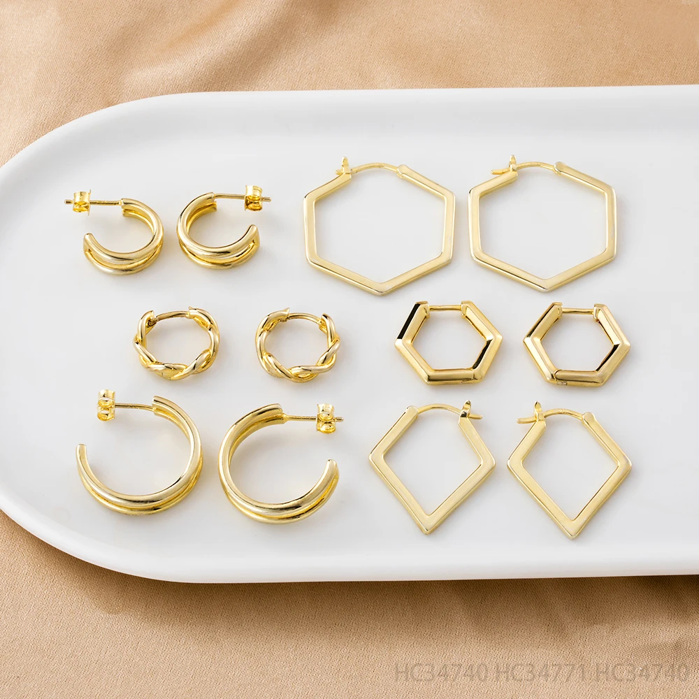 925 Sterling Silver Women Jewelry 14K 18K Gold Plated Vermeil Geometric Jewellery Huggies Hoop Earring