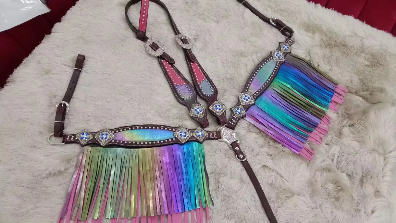 Rainbow Galaxy Western Headstall & Breast Collar Fringe Horse Set Leather lightweight Seasonal design Horse Ridding Equipment