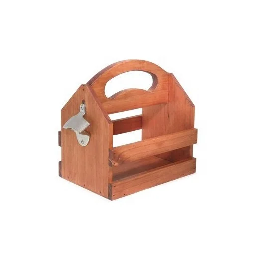 Premium Customizable Beer Caddy Wooden Bottle Holder with unique and decorative iron bottle opener