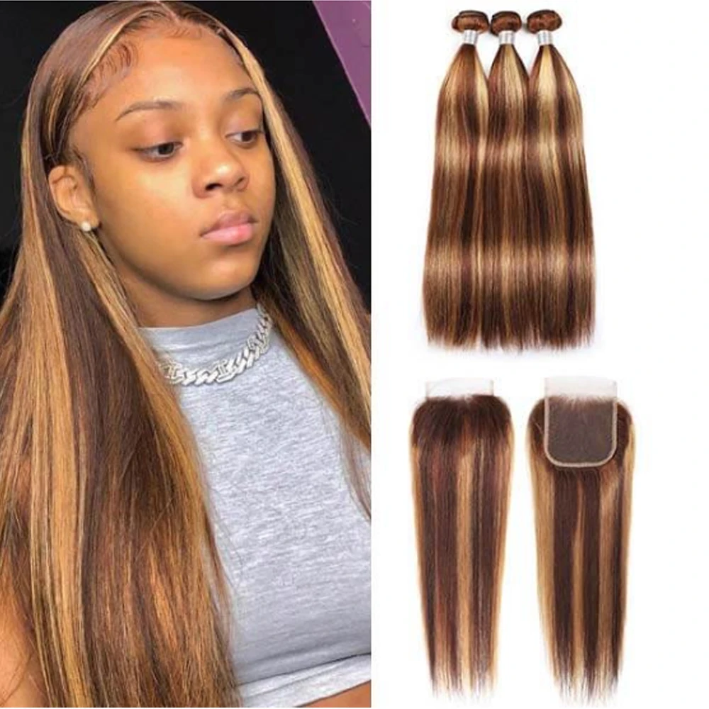 P4/27# Virgin Brazilian Hair 3 Bundles and Closure 100% Human Hair Bundles Highlight Piano Color Hair Extension With Frontal
