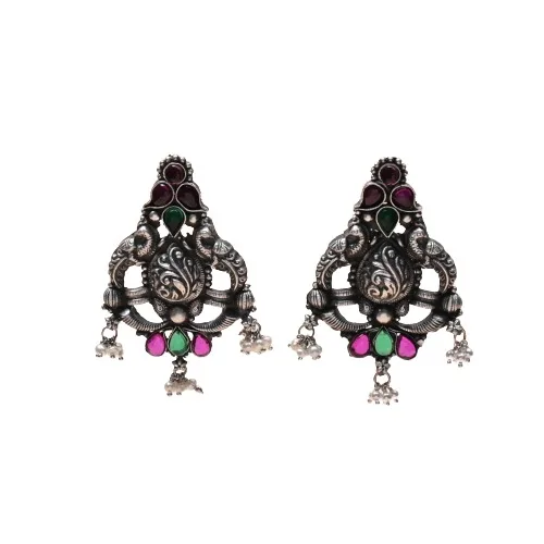 Pretty Custom Design Peacock Pattern Oxidised Silver Tone Multicolor Stone Studded Girls Cocktail Wear Earring at Wholesale Cost