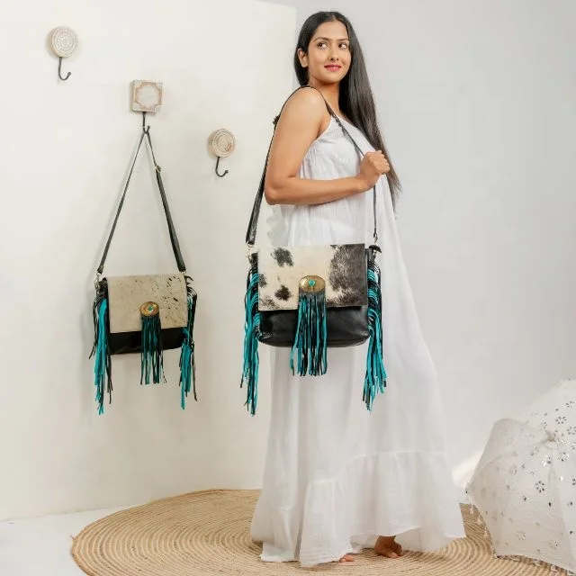 New Western Style Handcrafted Tooled Cowhide Fur Leather Fringe Purses Boho Unique Deck Of Cards Gambler Cowhide Fringe Handbags