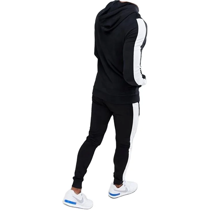 Design Your Own Two Piece Track Suit Men Fitted Black With Side White Stripe Tracksuit with high quality fabric and custom color