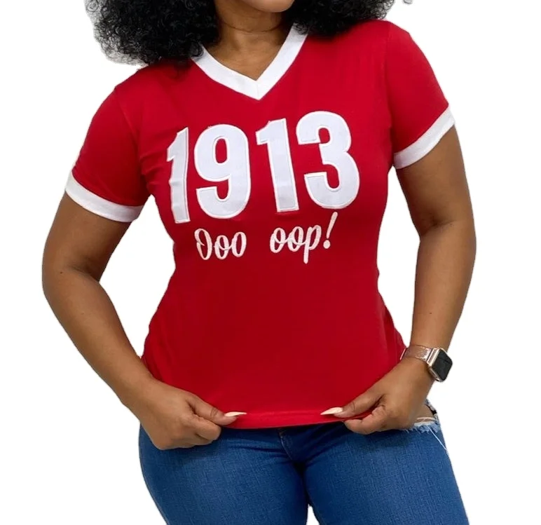 high  quality cotton DST 1913  greek  Lettered V-neck ringer T-shirt sorority  delta t-shirts
