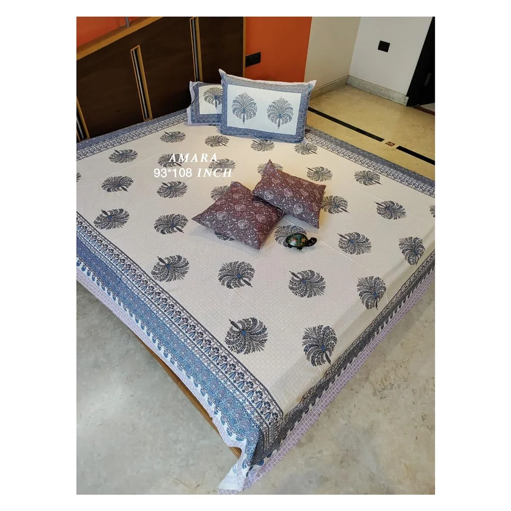 AMBS048 Latest Premium Collection  Amara & Masakali 93x108 With 2 Hand Block Cushion Covers Premium Queen Size Bed Sheets