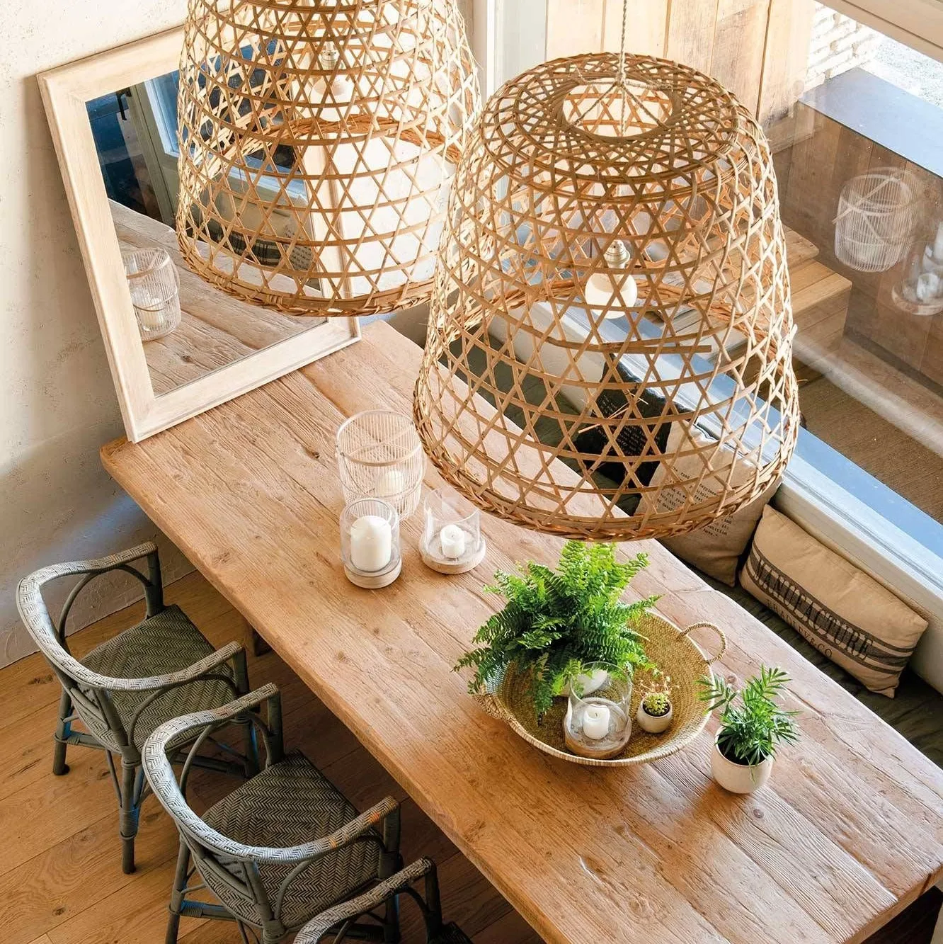 Rustic Vintage Boho Lantern Made From Natural Bamboo Rattan | Bamboo Lampshade, Bamboo Pendant Light for Home Decor