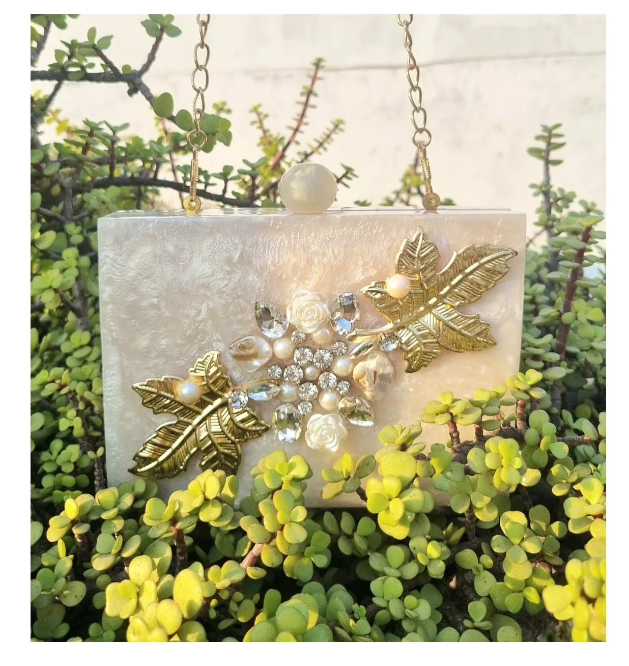 White Luxury Resin Box Clutch Trendy 2-Piece Lady Style for Bridal Weddings & Parties Customizable Metallic Wooden Resin Leather