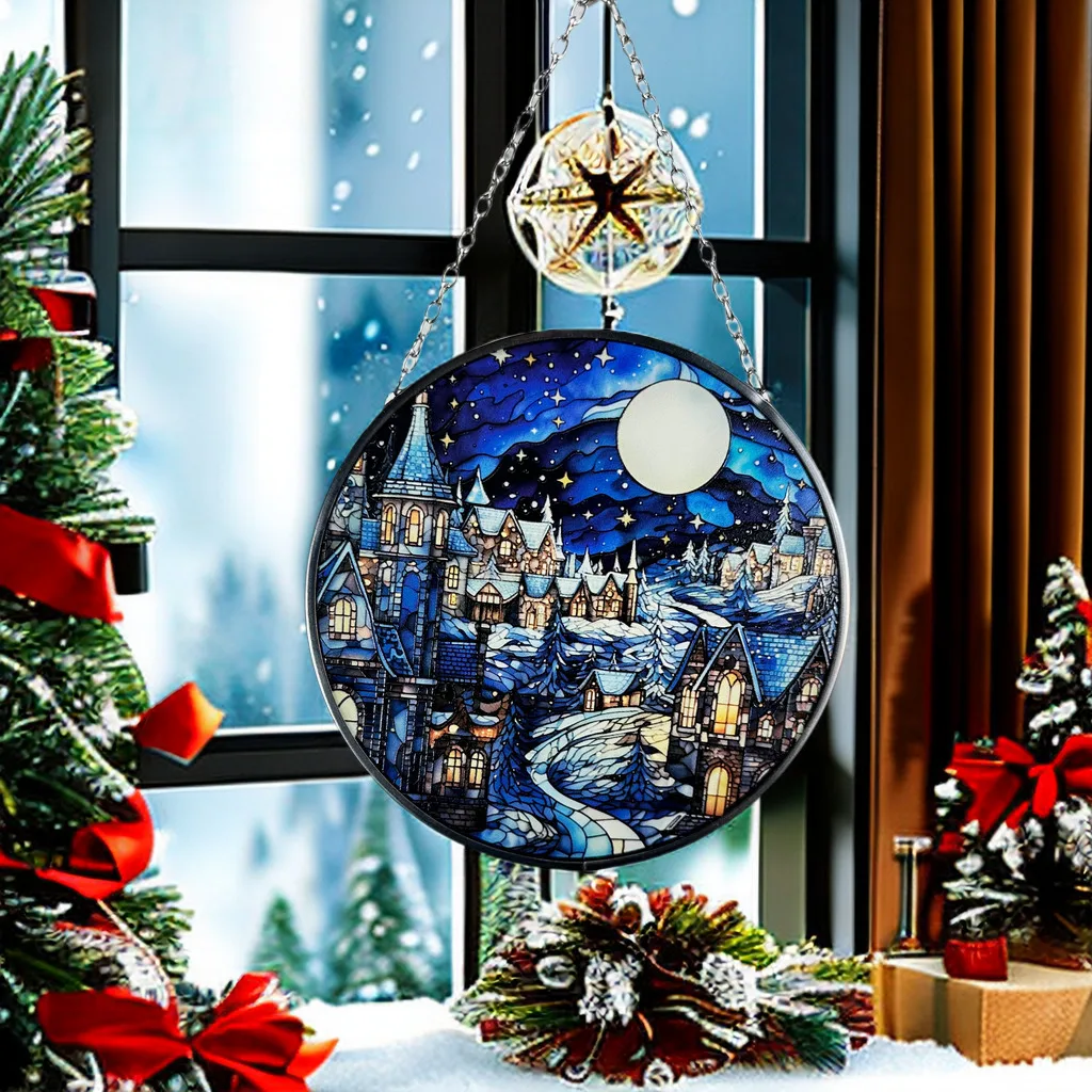 Sunbeam Diffusion Suncatcher Starry Night Village: Handcrafted Enchanted Forest Mosaic Glass Bird Glass 10 Ornaments Blue 0.4mm