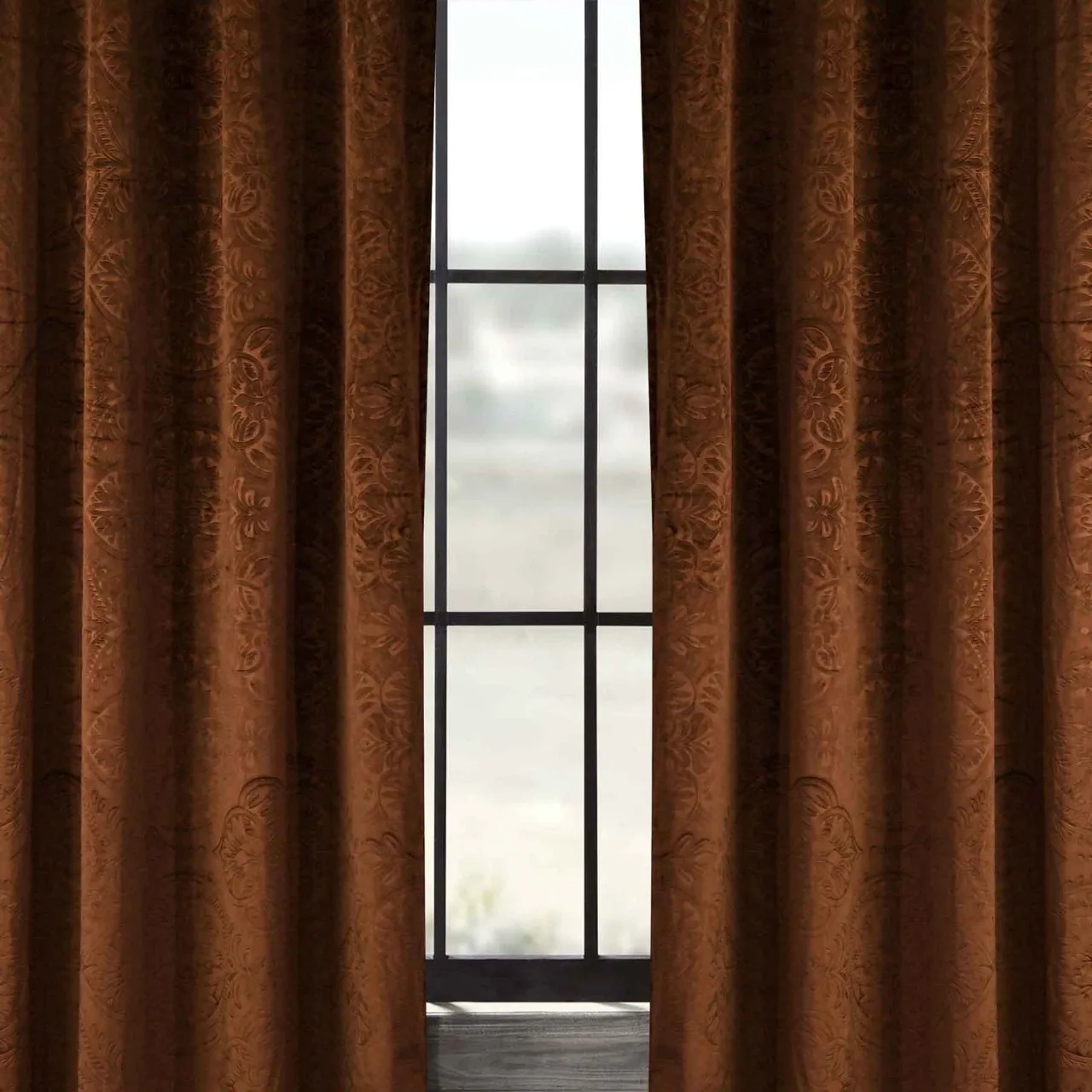 Factory Direct Supplier Traditional Curved Embossed Velvet Curtains Brown single panel look modern yet have a classical touch