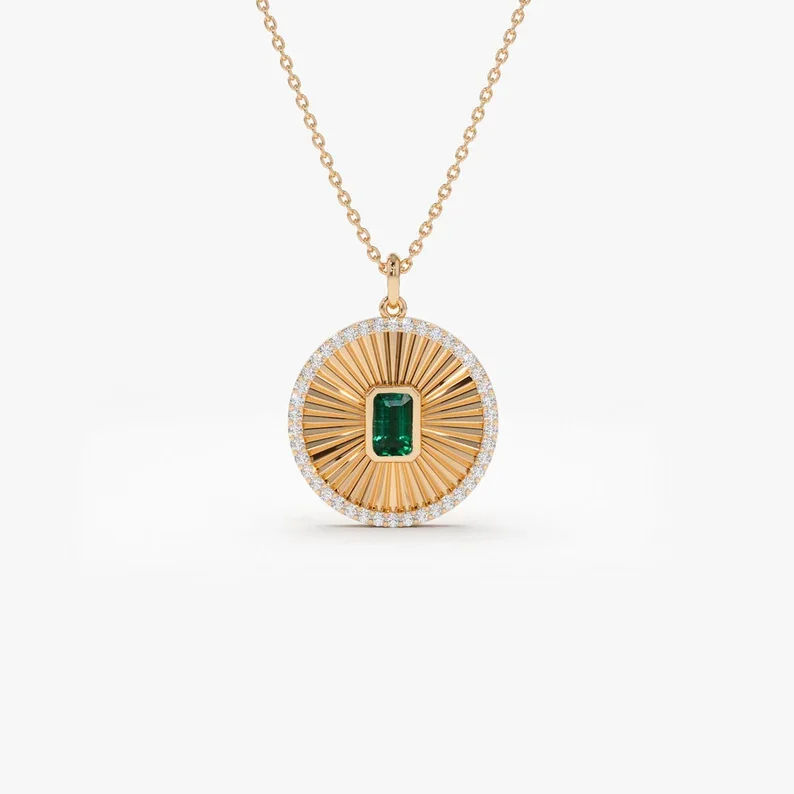 14k Emerald and Diamond Ballerina Disc Medallion Necklace Charm Layering Chain Necklace With Natural Emerald Diamond jewelry