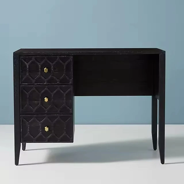 Superior Premium Quality Hand Carved Three Drawers and One Shelf Work Desk in Black and Natural Colors Indian Solid Wood Desk