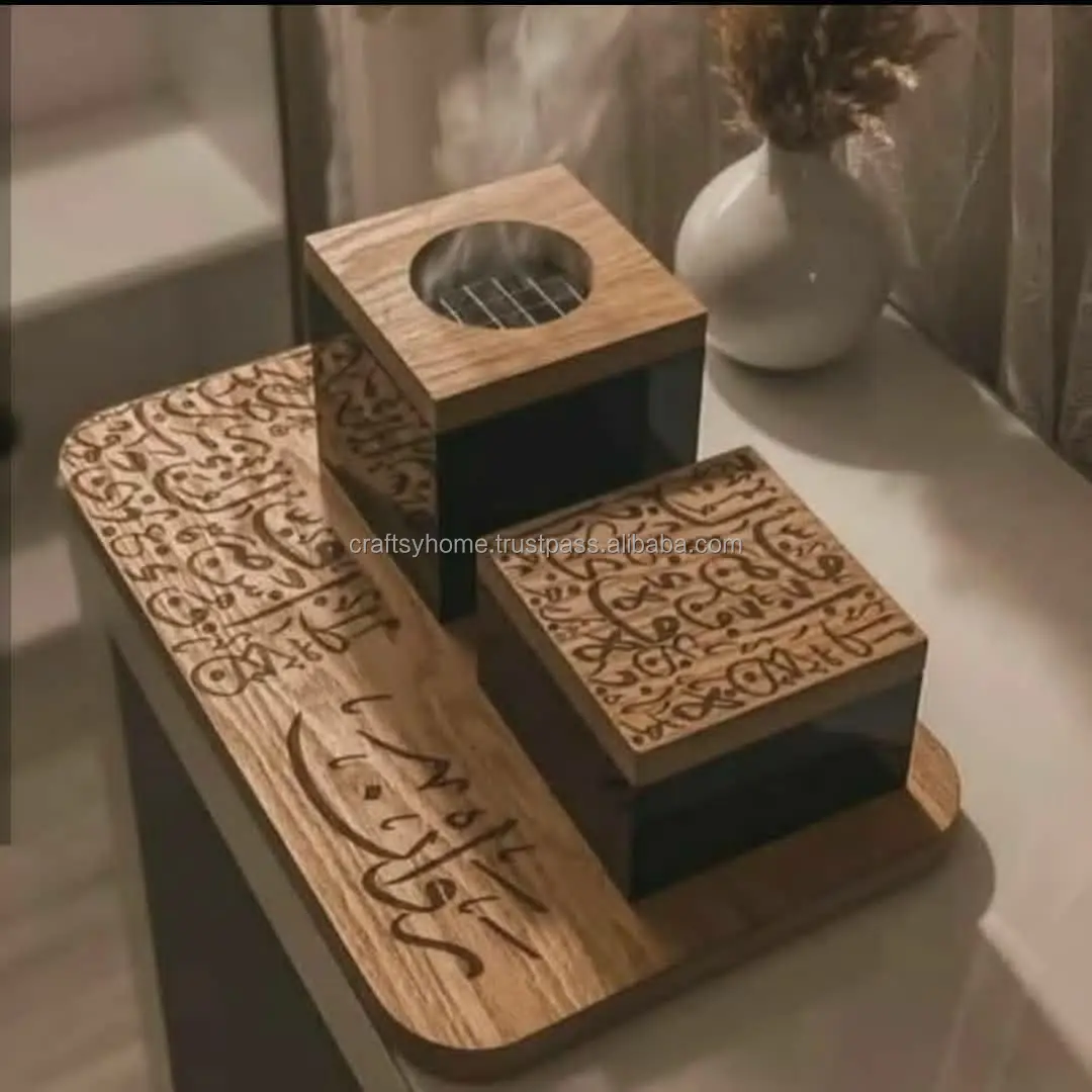 Ramadan gifting Arabic Callighrapgy Wooden Bakhoor Incense Burner Set with Tray Box Incense Mubkhar Madkhan Set from India
