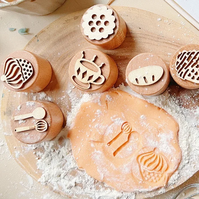Customize Waldorf Wooden Embossed Patterned Stamp Playdough Toys Handmade Wooden Stamps
