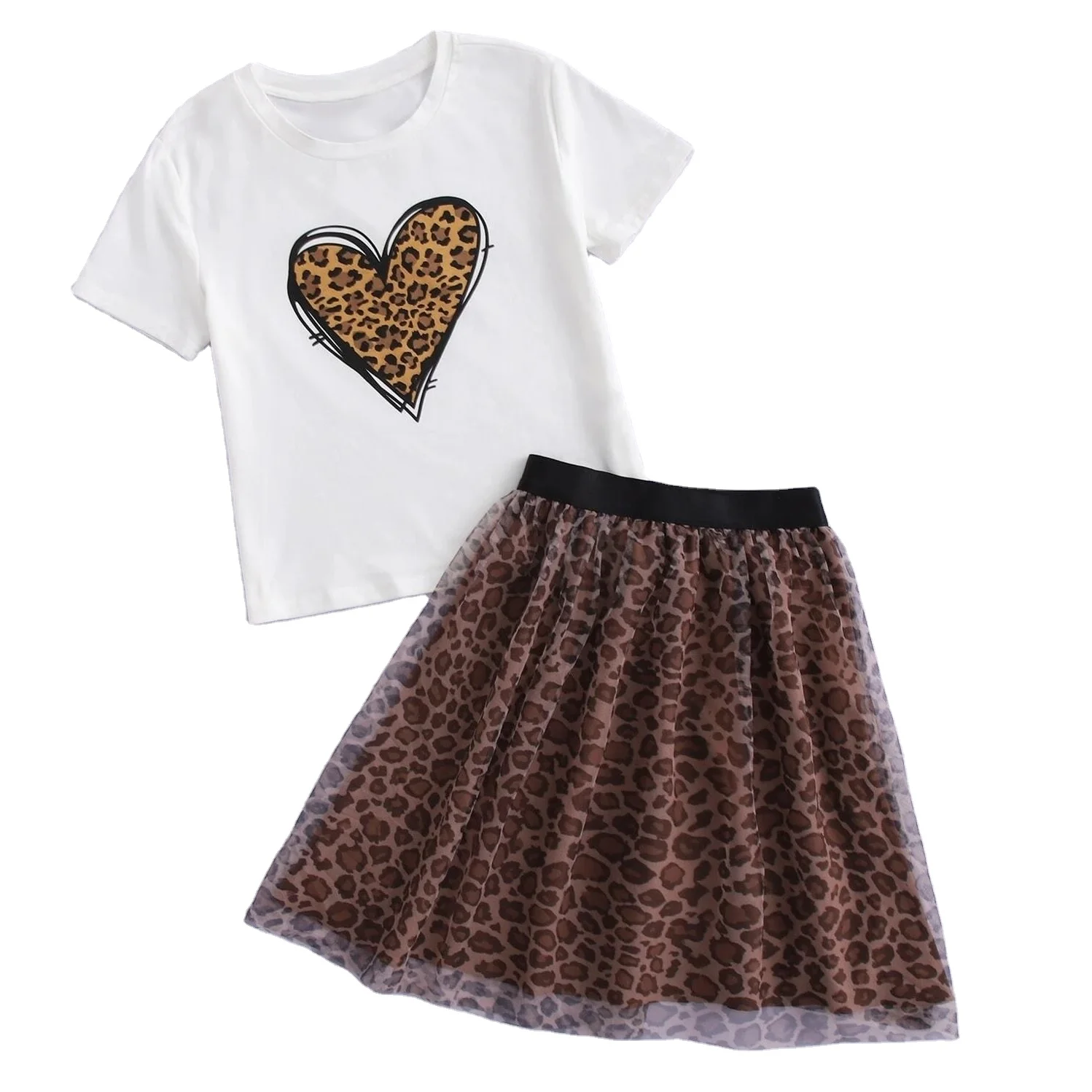 Girls Top and skirt two pieces fashion clothing set  Kids children floral leopard graphic printed clothing set  Girls dresses