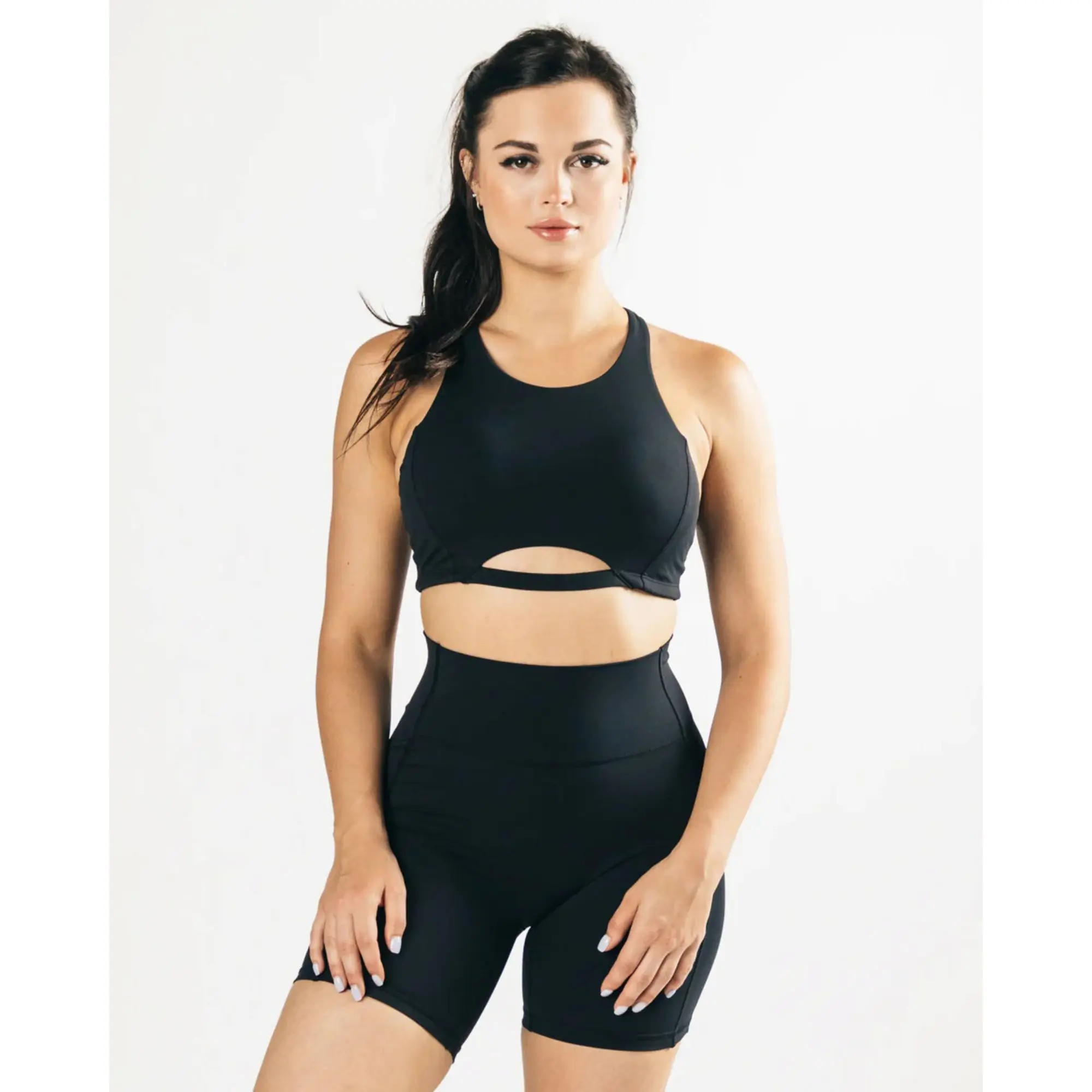78% Nylon 22% Elastane High Neck Style Fit Racer Back Bindingless Hem Womens Medium-Support One Piece Black Sports Bra