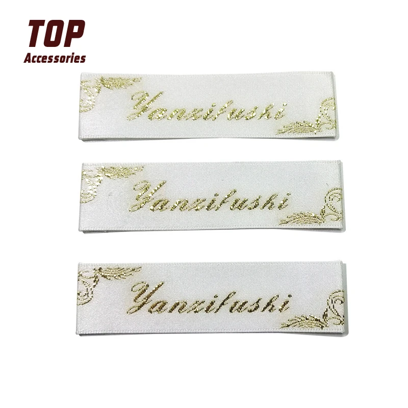 Cheap Custom Logo Damask Woven Neck Label with Golden Silk Thread