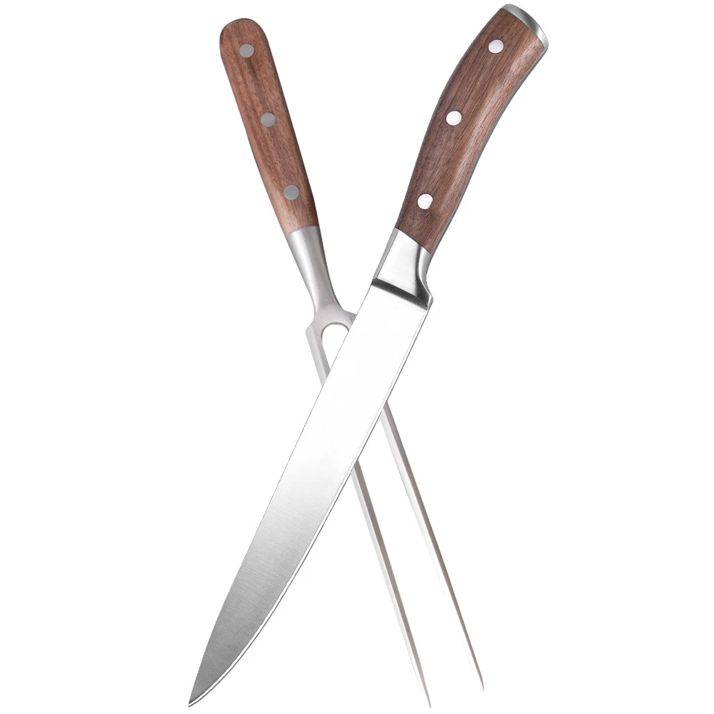 Black Walnut 2 Pieces Chef Professional BBQ Meat Carving Knife and Fork Set