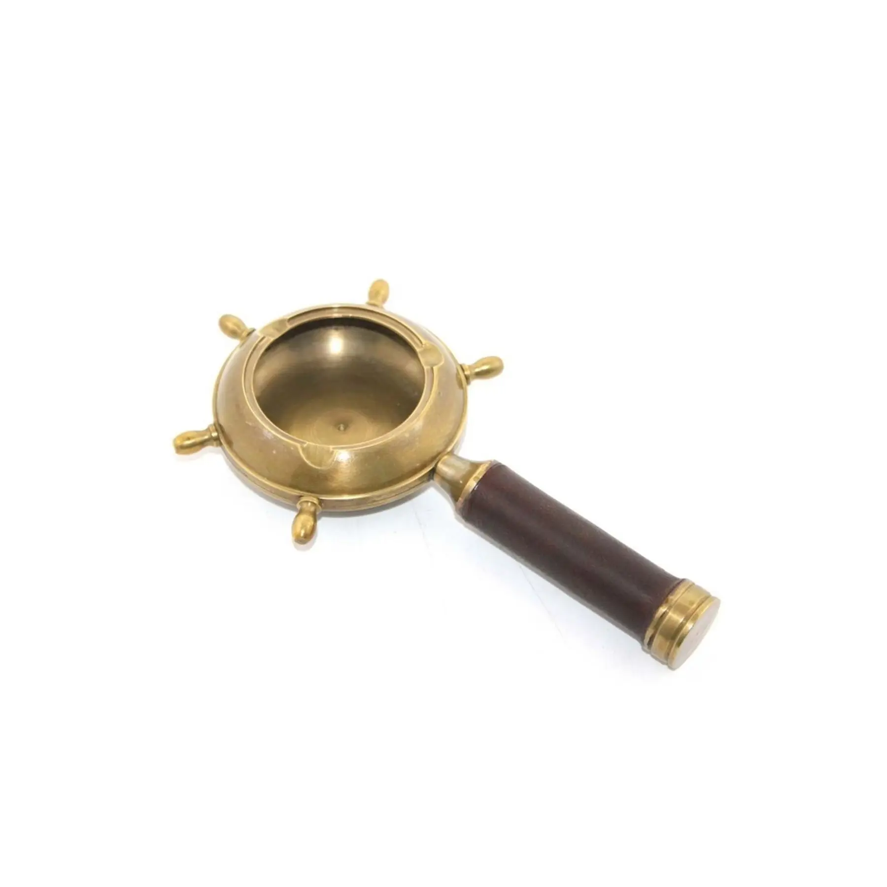 Retro All Brass Ashtray with Leather Handle